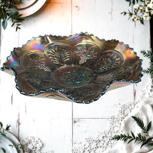 Fenton Antique Peacock & Grapes Iridescent Blue & Multicolor Ruffled Glass Bowl